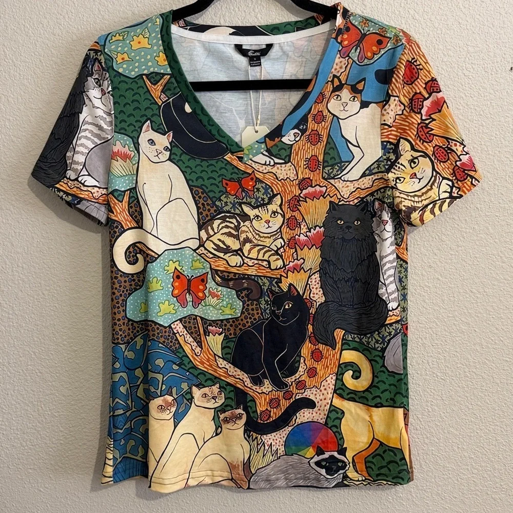 Shall We Cats on Tree Multicolor Print V-Neck Short Sleeve Kitty Lovers